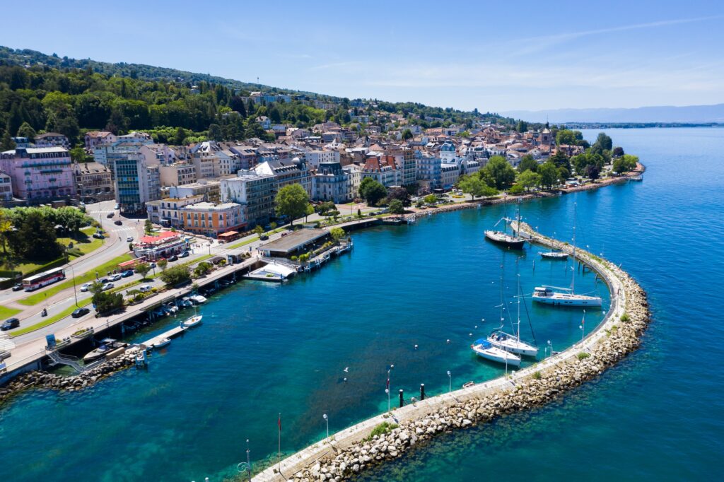 Aerial view of Evian (Evian-Les-Bains) city in Haute-Savoie in France