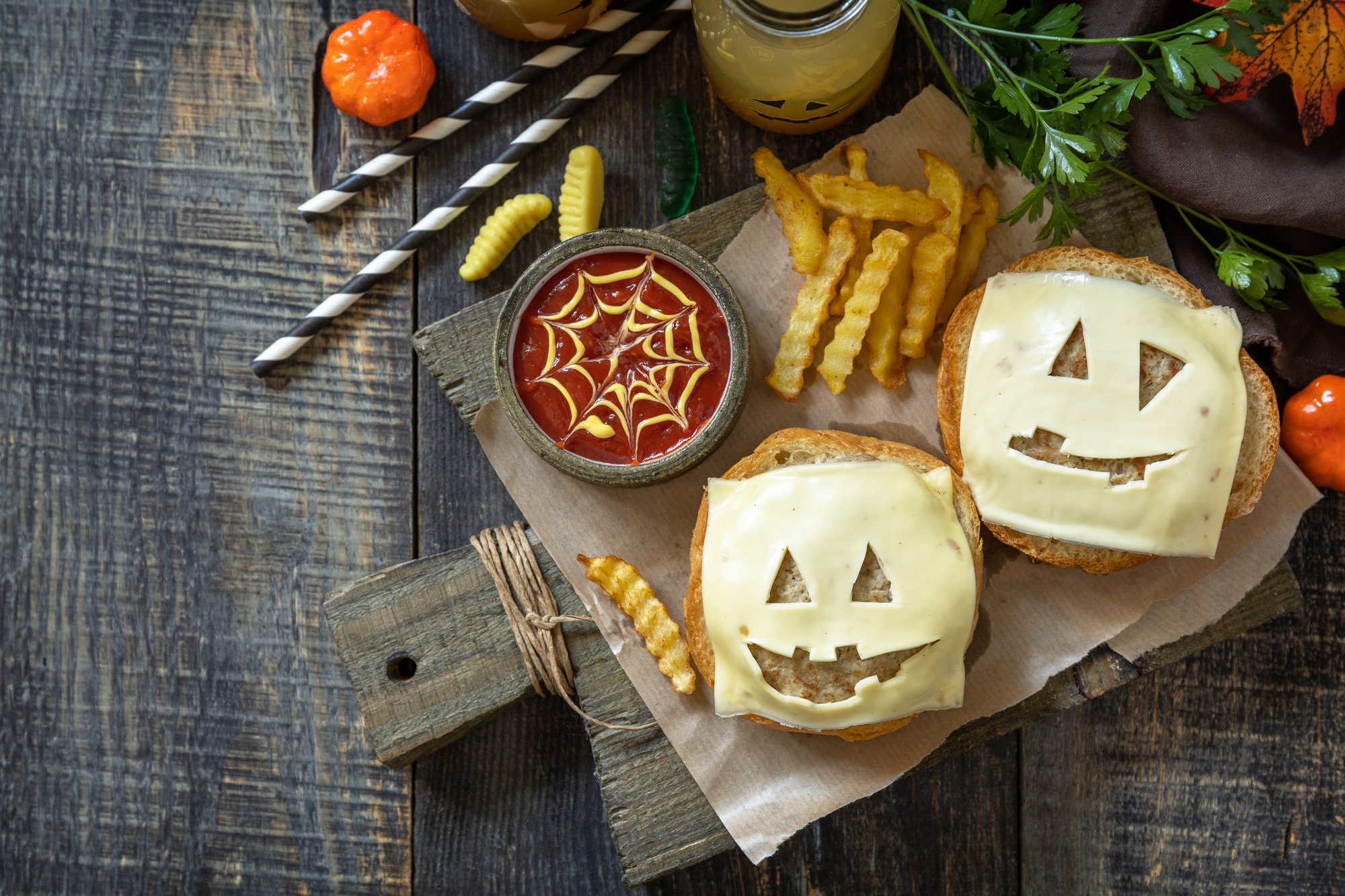Halloween party food. Halloween party fun ghost burger, ketup sauce.