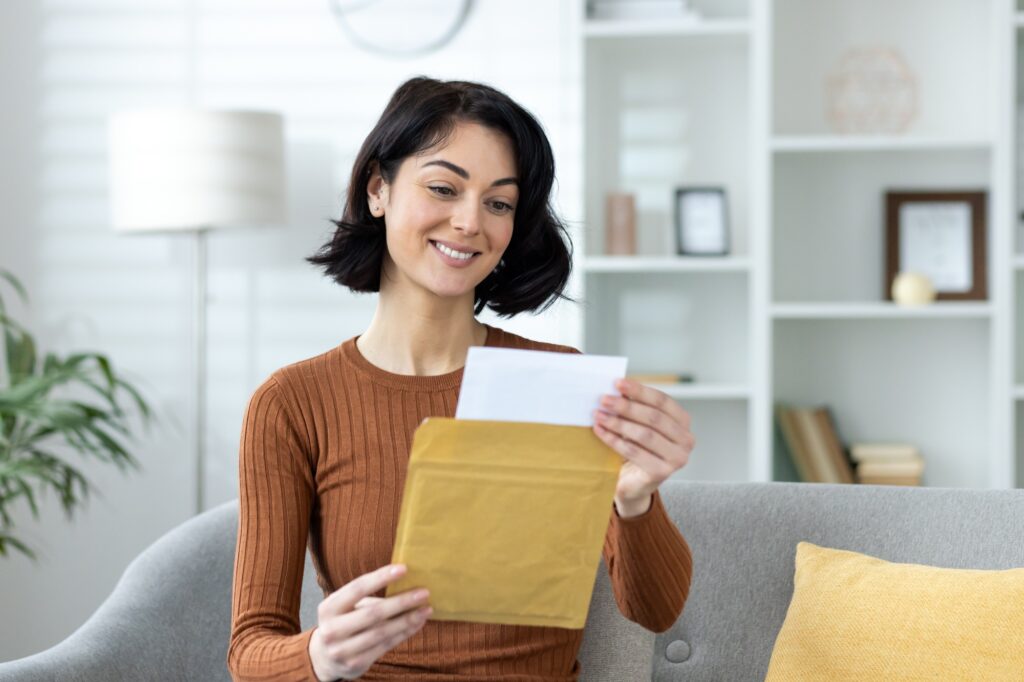 Happy woman reading a letter while sitting on sofa at home