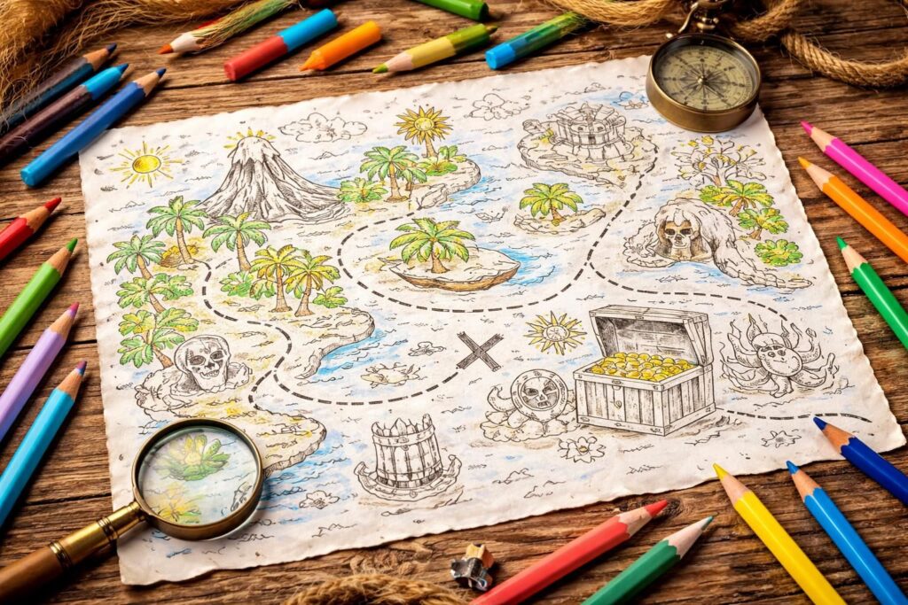 découvrez une carte au trésor à colorier, parfaite pour animer les fêtes d'anniversaire et stimuler l'imagination des enfants avec une aventure unique à personnaliser.