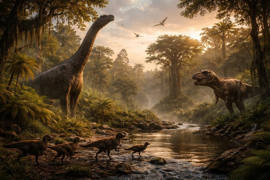 découvrez un reportage fascinant sur les dinosaures, explorant leur habitat naturel et leur mode de vie à travers des reconstitutions détaillées et des découvertes scientifiques.