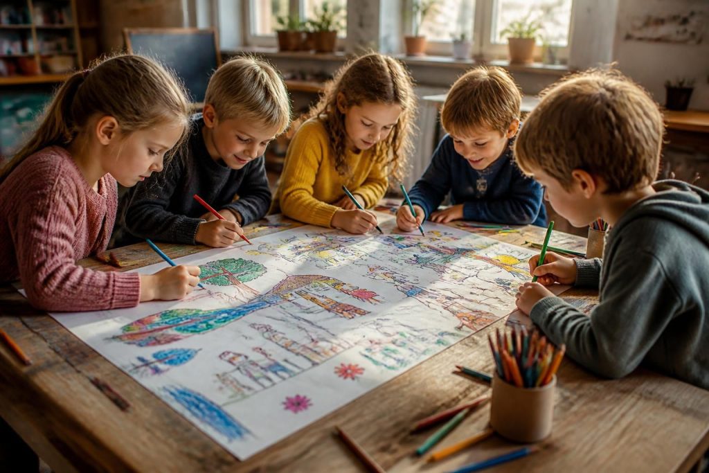 découvrez comment le dessin collectif sur grande feuille stimule la créativité, la collaboration et le développement des compétences sociales chez les enfants dans un cadre éducatif.