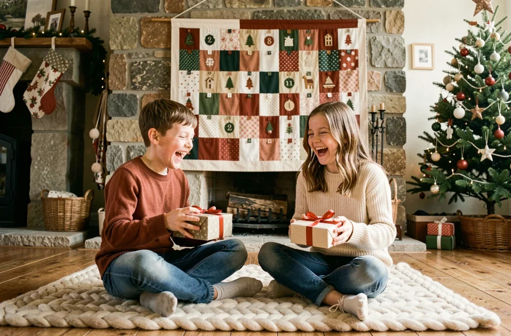 Deux enfants découvrant des cadeaux dans un calendrier de l'Avent en tissu suspendu à une cheminée pour Noël 2026