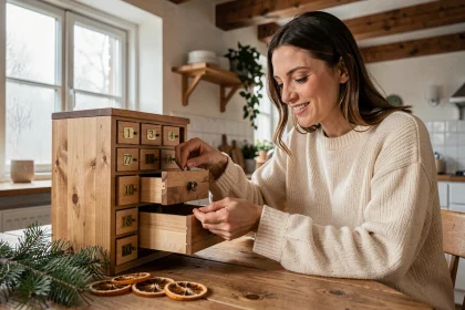 Femme ouvrant une case d'un calendrier de l'Avent en bois artisanal dans une cuisine de style scandinave décorée pour Noël 2026
