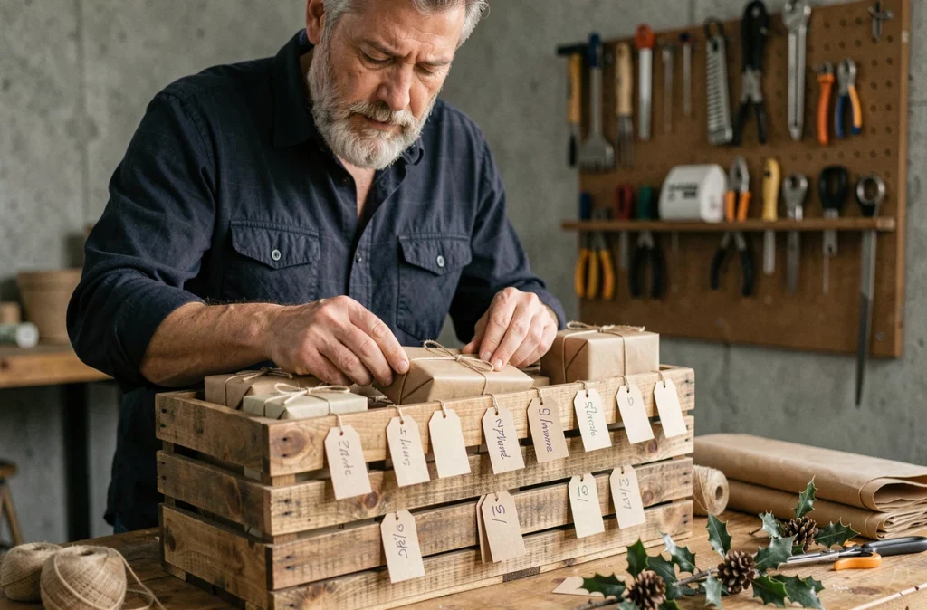 Homme artisan préparant un calendrier de l'Avent fait maison avec des boîtes numérotées dans un atelier pour Noël 2026