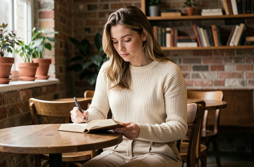 Jeune femme de 20 ans écrivant dans un journal dans un café vintage, ambiance douce et réfléchie pour un anniversaire