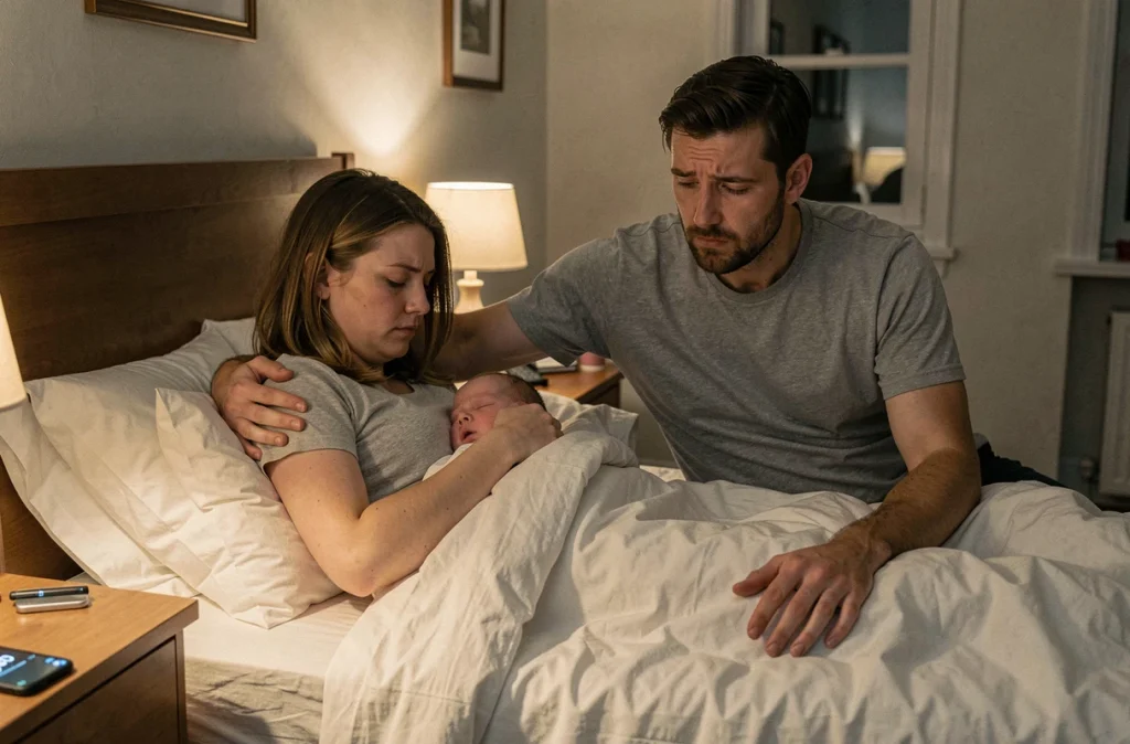 Couple épuisé soutenant l'allaitement nocturne pendant un pic de croissance dans une chambre familiale réaliste