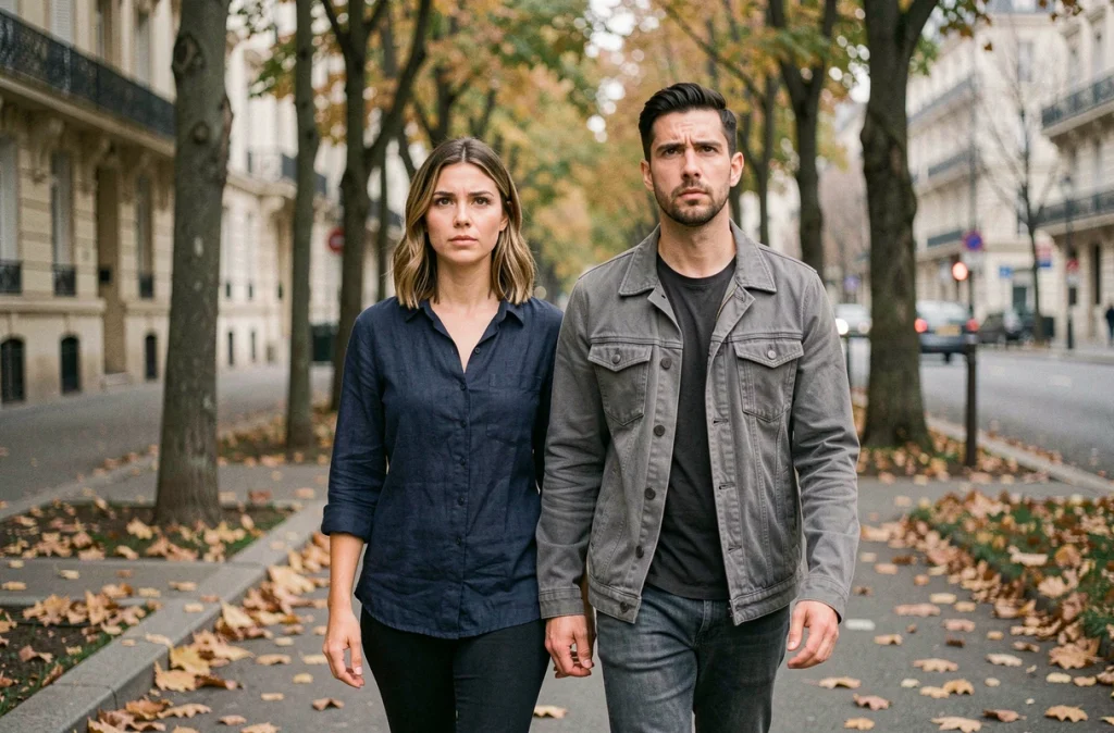 Couple marchant côte à côte dans une rue parisienne, ambiance tendue illustrant les questions sur un compagnon de personnalité publique