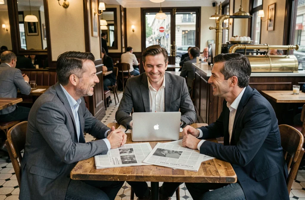 Groupe de journalistes en discussion autour d'une table de brasserie parisienne avec des journaux, évoquant les spéculations médiatiques sur les origines d'une personnalité publique