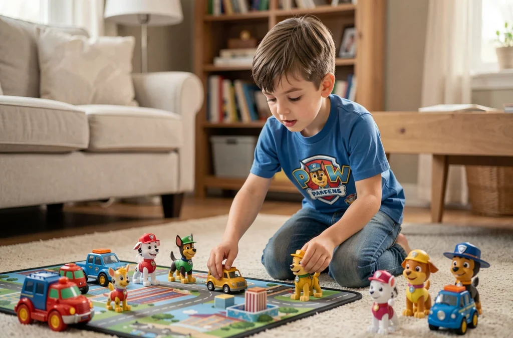 Jeune garçon jouant avec des figurines et véhicules Pat' Patrouille sur un tapis de jeu dans un salon familial