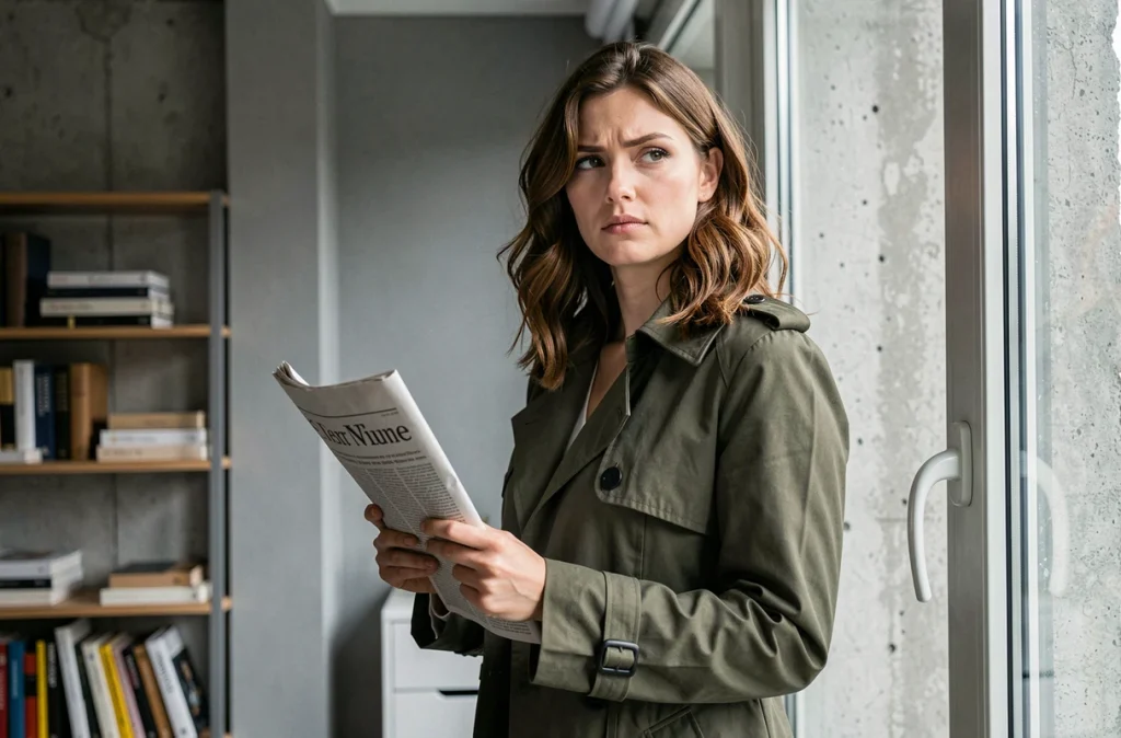 Femme tenant un journal près d'une fenêtre dans un appartement moderne, expression sceptique face aux rumeurs concernant la vie d'un proche