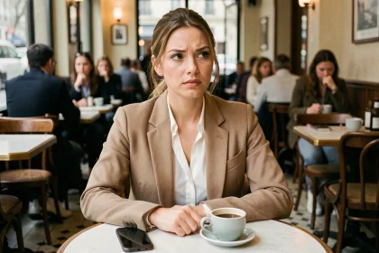 Femme pensive dans un café parisien regardant son téléphone, illustrant les rumeurs sur la vie privée d'une personnalité publique