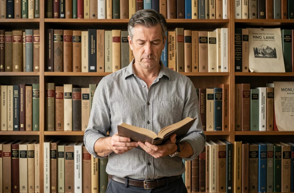 Homme en chemise grise consultant un livre devant une bibliothèque d'archives, symbolisant la recherche sur les origines et l'identité d'une figure médiatique française
