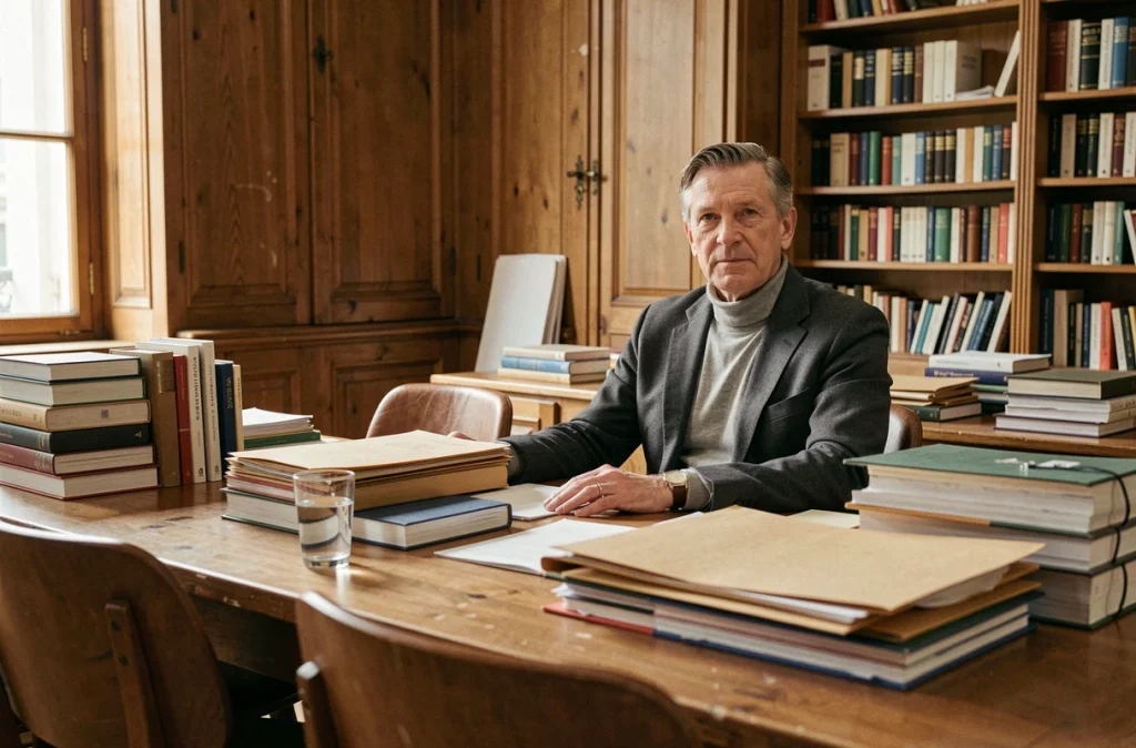 Homme assis dans un bureau parisien entouré de livres et de dossiers lors d'une réunion éditoriale
