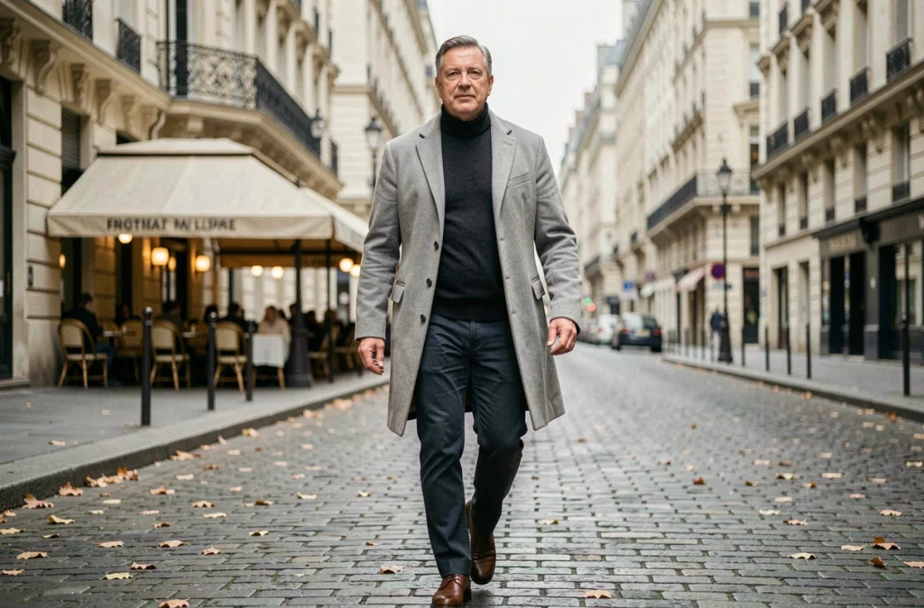 Homme en manteau gris marchant sur un trottoir pavé à Paris en automne