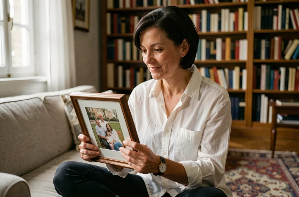 Femme contemplant une photo de famille dans son salon, illustrant les confidences rares de Jeanne Cherhal sur son couple