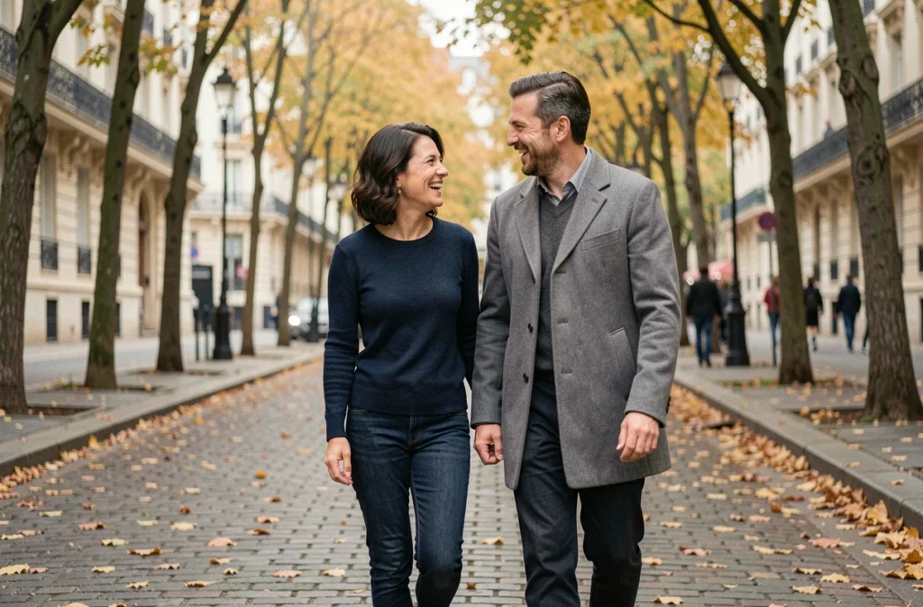 Couple amoureux se promenant dans les rues de Paris en automne, évoquant la vie privée de Jeanne Cherhal