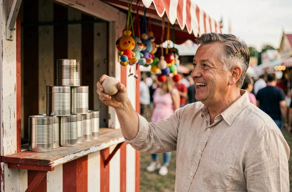 Homme lançant une balle sur des boîtes de conserve lors d'un jeu de fête foraine à la kermesse
