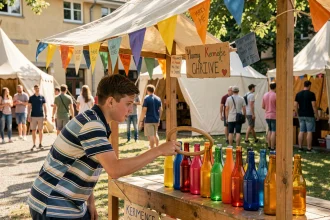 Adolescent jouant au lancer d'anneaux lors d'une kermesse scolaire en plein air avec décorations colorées