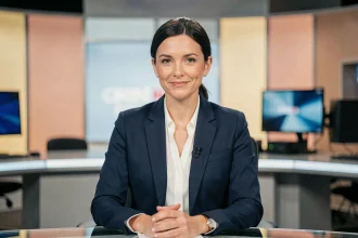 Journaliste française en blazer marine assise au bureau d'un plateau de télévision, évoquant le profil de Régine Delfour de CNEWS