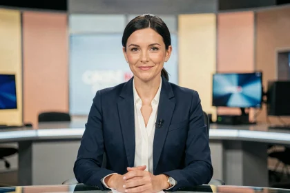 Journaliste française en blazer marine assise au bureau d'un plateau de télévision, évoquant le profil de Régine Delfour de CNEWS