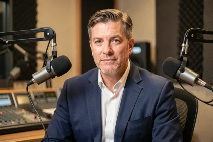 Journaliste radio en costume bleu marine dans un studio professionnel, illustration de l'article sur Guillaume Farde et ses origines