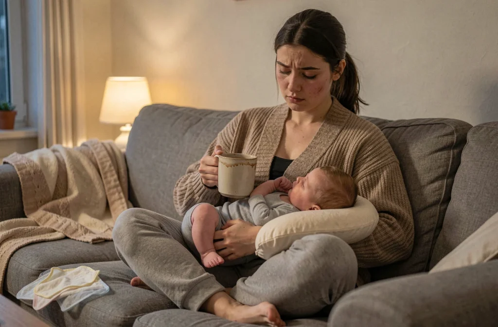 Jeune mère allaitante fatiguée sur un canapé tôt le matin avec une tasse de tisane pendant un pic de croissance