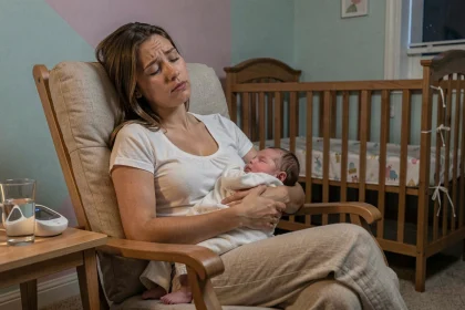 Mère allaitante épuisée bercant son nourrisson en pleine nuit dans une chambre de bébé douce et apaisante