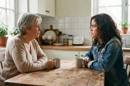 Mère et fille adulte en conversation tendue autour d'une table de cuisine, illustrant les conflits intergénérationnels