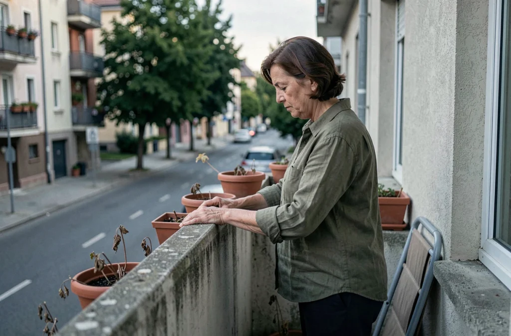 Femme d'âge mûr seule sur un balcon en réflexion, symbolisant la souffrance d'une mère face à l'éloignement de sa fille
