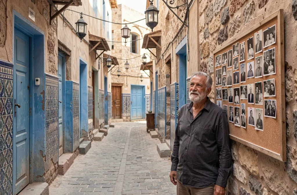 Scène de ruelle dans une médina nord-africaine avec un homme consultant des photos de famille anciennes, illustrant la recherche des origines et de la biographie de Mourad Battikh
