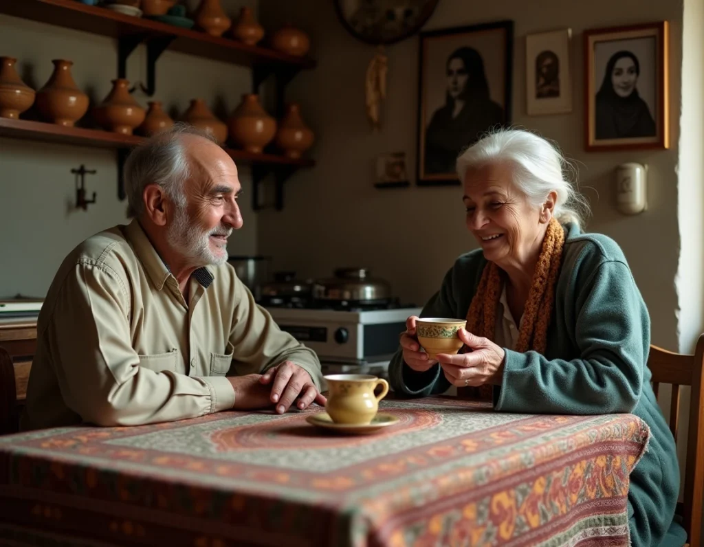 Couple d'origine algérienne réuni autour d'un thé à la menthe dans une cuisine familiale traditionnelle, symbolisant les parents et les racines de Mourad Battikh