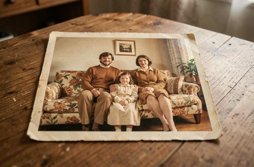 Portrait de famille française des années 1970 encadré sur une table en bois, évoquant les origines familiales et les parents d'une personnalité médiatique