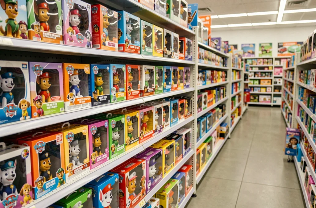 Rayon de magasin de jouets présentant les nouvelles boîtes de figurines Pat' Patrouille et personnages inédits