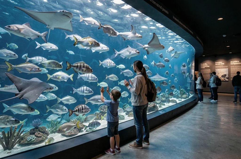 Une famille observe les poissons et les raies dans le grand bassin de l'Aquarium de Touraine à Tours