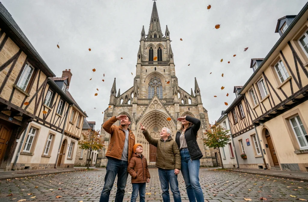 Famille admirant la cathédrale Saint-Corentin de Quimper depuis la place du parvis
