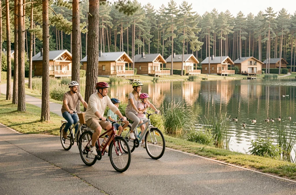 Famille à vélo au bord du lac du Center Parcs Les Trois Forêts en Moselle