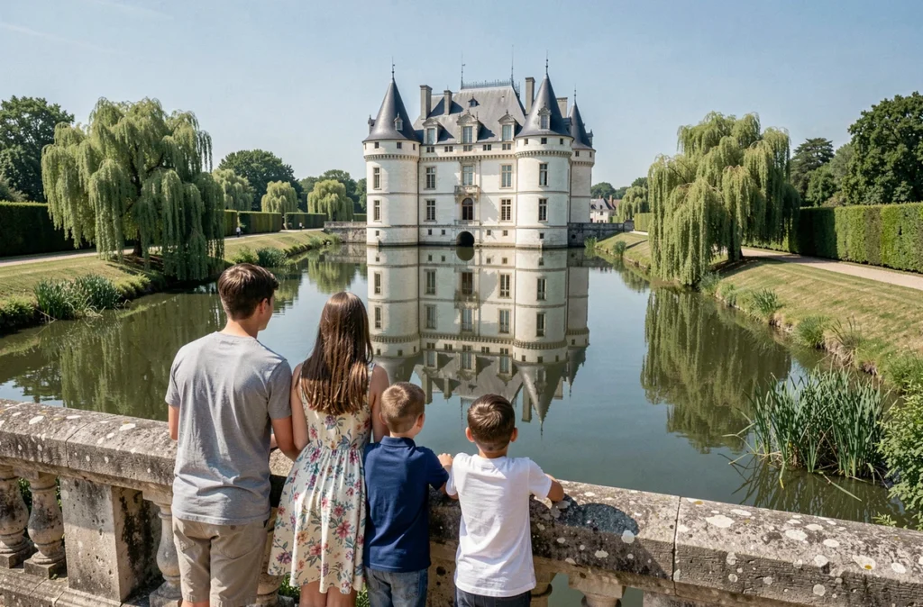 Une famille admire le reflet du Château d'Azay-le-Rideau dans la rivière Indre, joyau Renaissance d'Indre-et-Loire