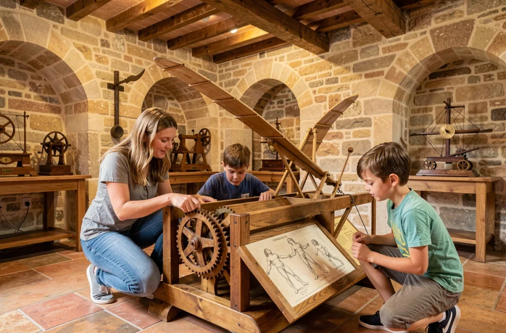 Une mère et ses enfants explorent les inventions de Léonard de Vinci au Château du Clos Lucé près d'Amboise