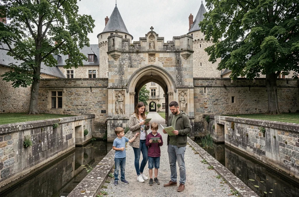 Famille découvrant l'architecture médiévale du Château de Preisch en Moselle