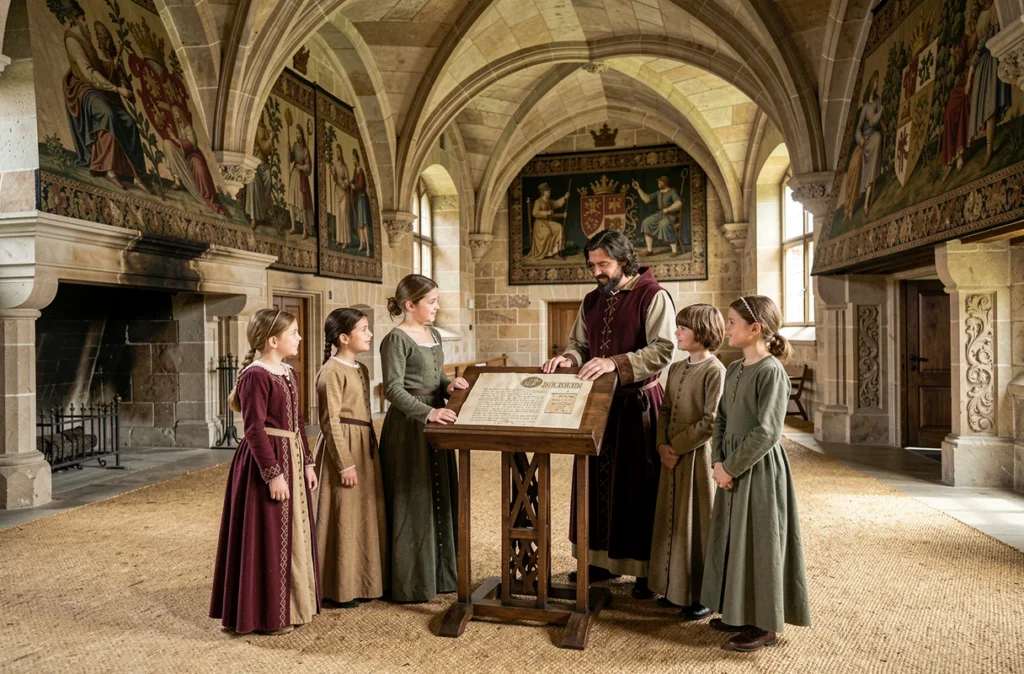 Une famille en costume médiéval découvre la reconstitution historique du Château de Langeais en Indre-et-Loire