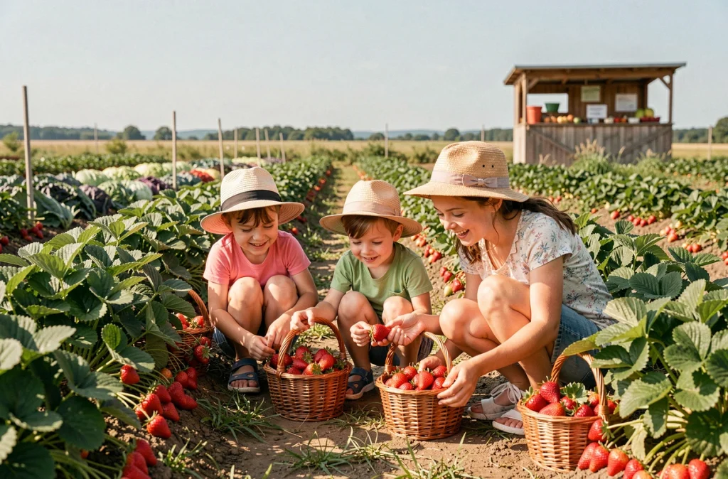 Mère et enfants cueillant des fruits et légumes frais à la cueillette de Peltre en Moselle