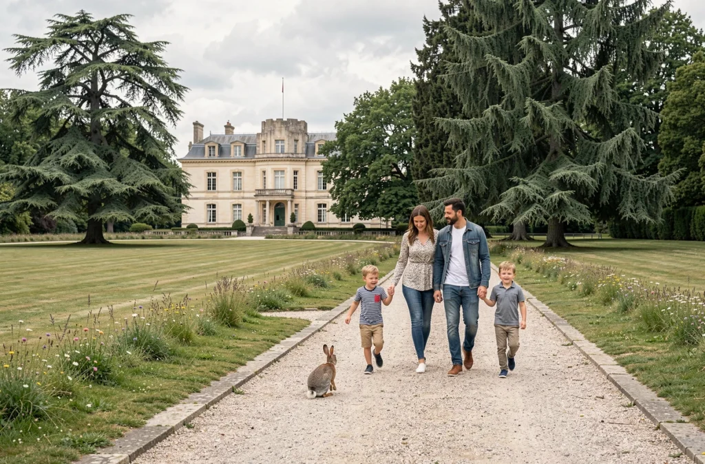 Une famille se promène dans le parc naturel du Domaine de Candé avec le château visible en arrière-plan