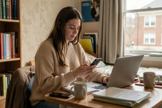 Étudiante consultant son téléphone pour trouver le numéro d'une assistante sociale dans son appartement universitaire