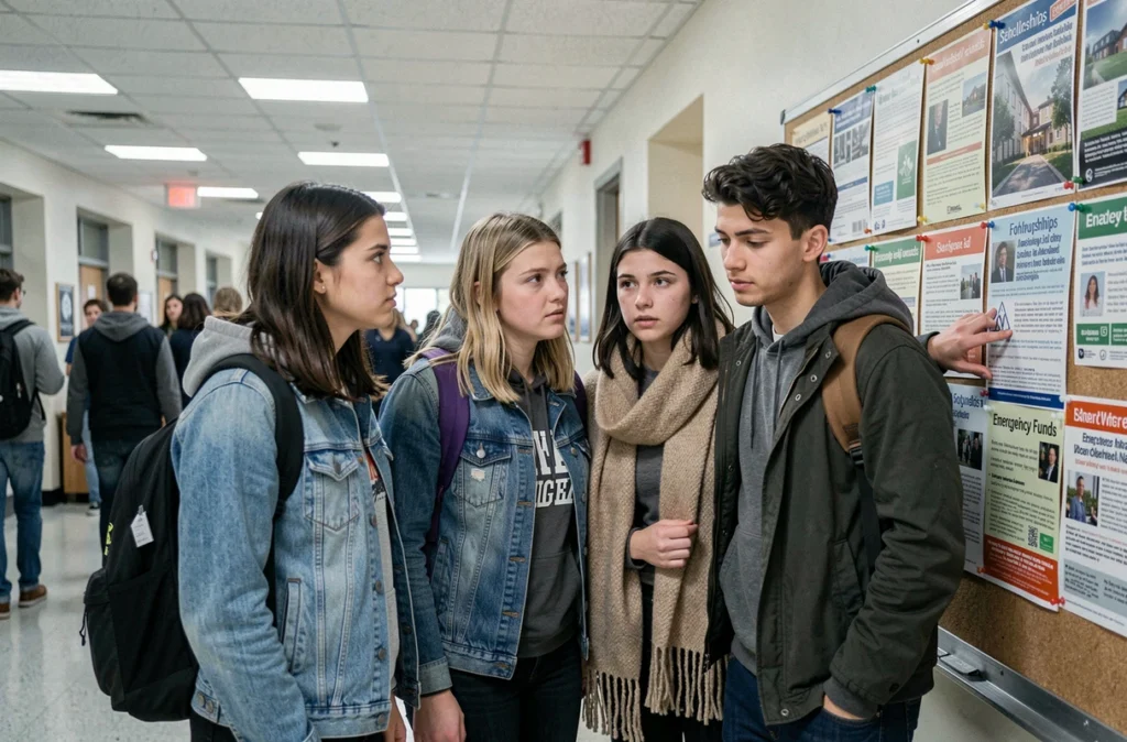 Groupe d'étudiants consultant un tableau d'affichage universitaire avec des informations sur les aides sociales et bourses