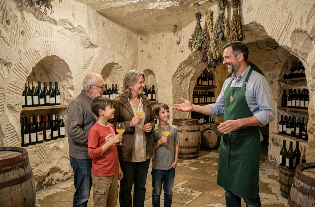 Une famille visite la cave troglodyte de la Famille Durand Vigneron près d'Amboise en Indre-et-Loire