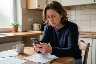 Femme consultant son téléphone pour vérifier la date de versement du RSA sur son application bancaire