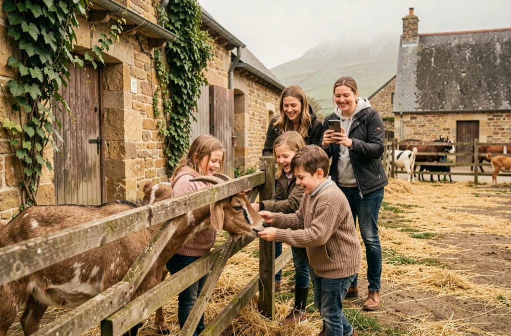 Enfants nourrissant des animaux de la ferme de Kerlavic à Saint-Nic en Finistère
