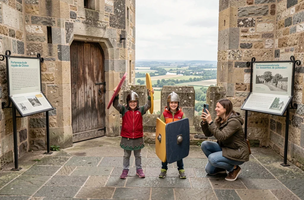 Des enfants en tenue médiévale participent au parcours interactif de la Forteresse royale de Chinon
