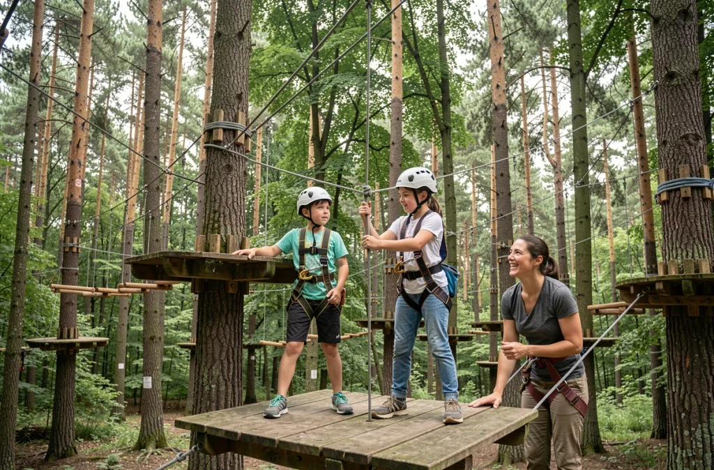 Enfants et parents équipés pour le parcours accrobranches de France Aventures à Amnéville